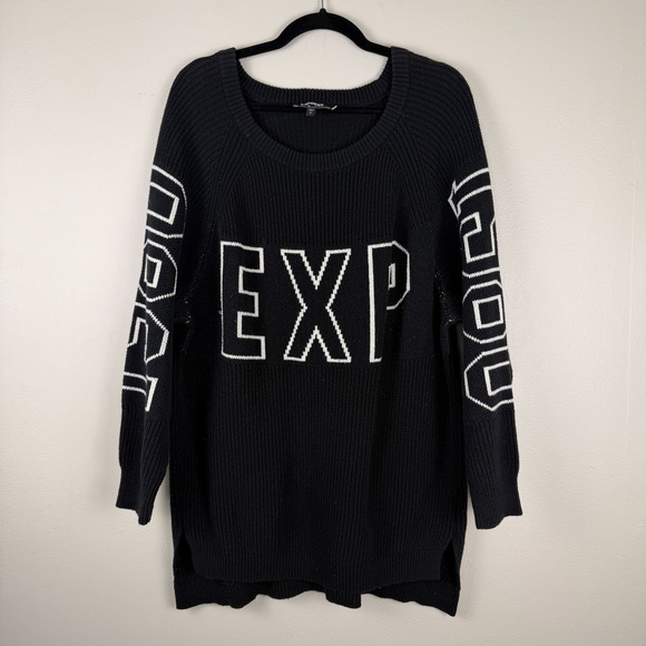 Express Sweaters - Express Shaker Sweater Women's Large Black Ribbed Knit EXP Logo Cotton Pullover